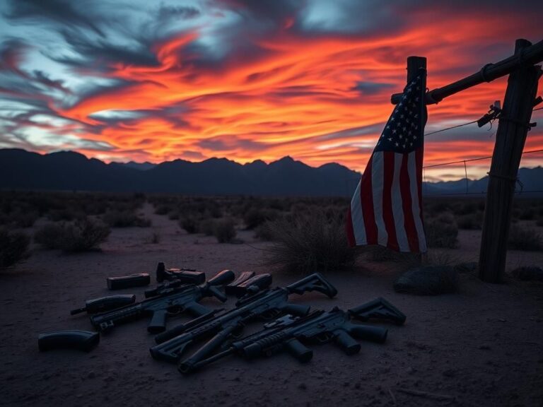 Flick International A collection of abandoned firearms and magazines on dusty ground in New Mexico at dusk