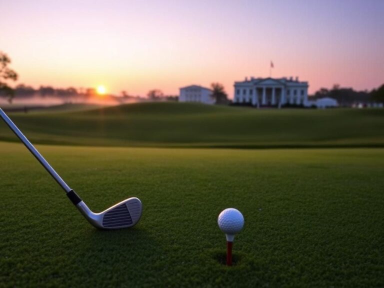 Flick International Serene golf course landscape at sunrise with 18th hole flag and polished golf club on tee