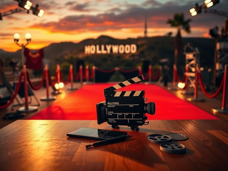 Flick International Vibrant Hollywood red carpet scene with camera and film slate