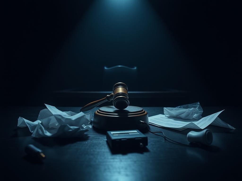 Flick International Dimly lit courtroom setting with a gavel and scattered legal documents