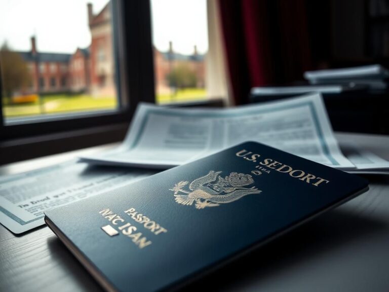 Flick International Close-up of a U.S. passport with a rejected student visa amidst immigration documents