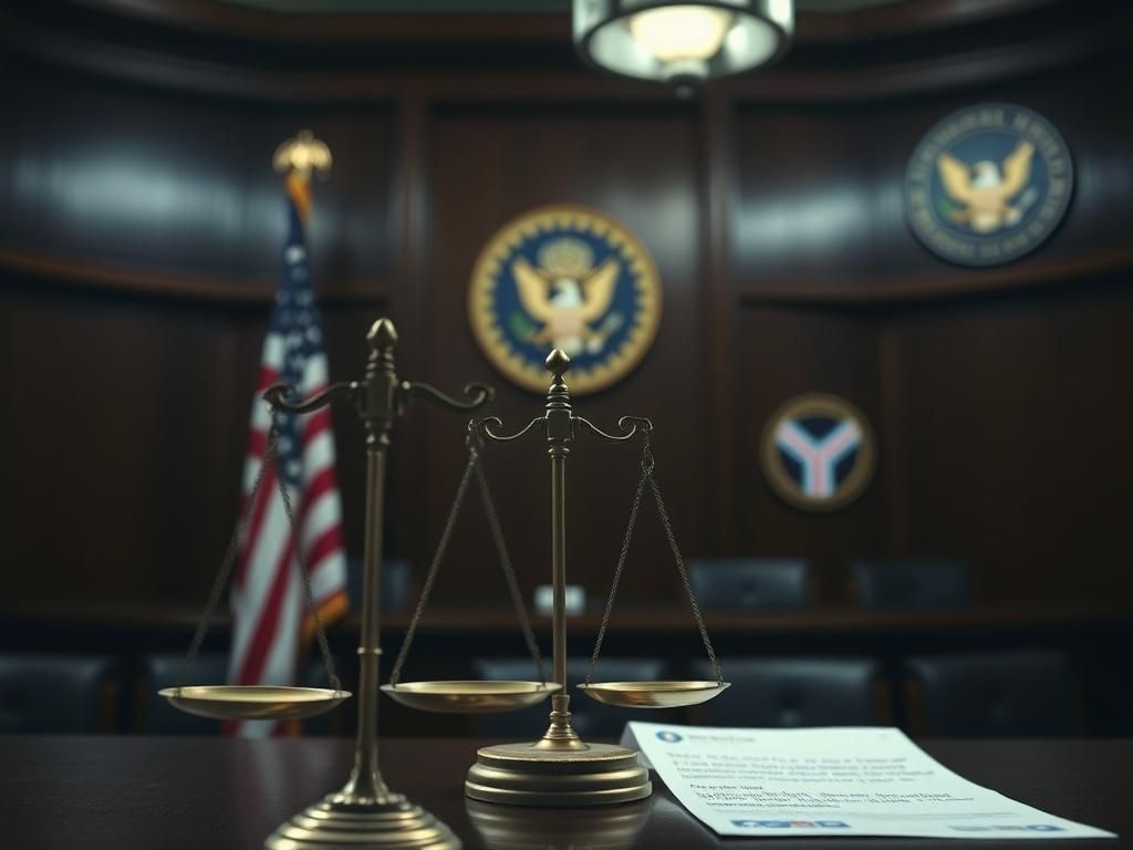 Flick International Dramatic courtroom scene showcasing the scales of justice with an American flag in the background