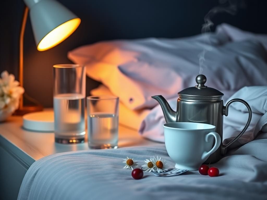 Flick International A serene nighttime scene featuring a bedside table with a glowing lamp, glass carafe, and calming herbal tea setup for relaxation.