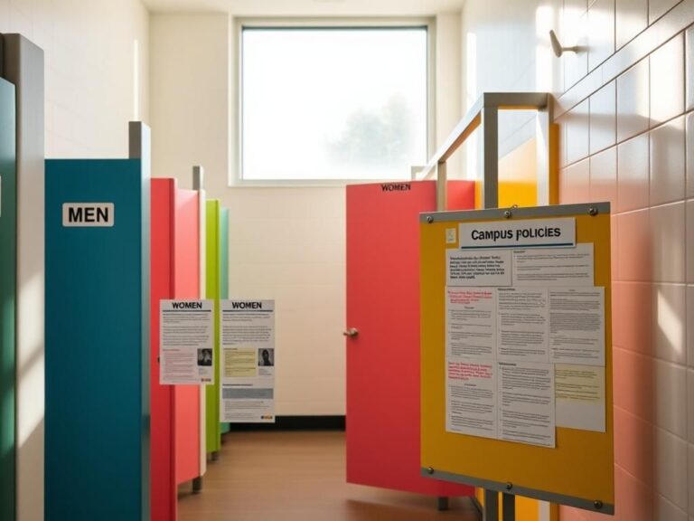 Flick International Interior view of college bathroom featuring gender-neutral stalls with signage