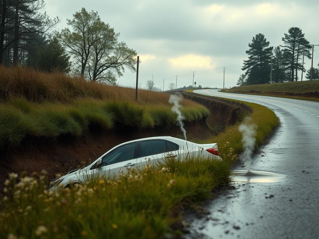 Flick International A white car partially submerged in a deep ditch alongside a winding rural road in Indiana.