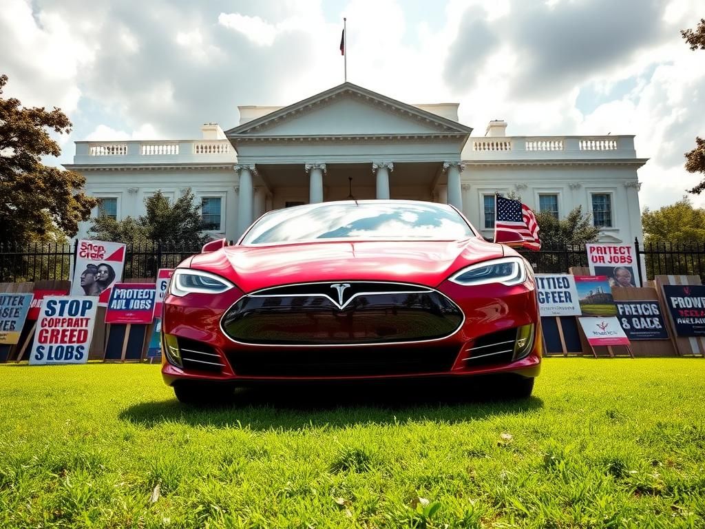 Flick International A red Tesla Model S parked outside the White House with colorful protest signs in the background