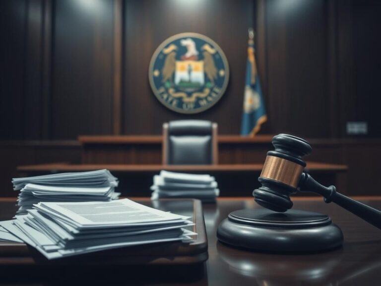 Flick International Somber courtroom scene depicting an empty judge's bench and scattered legal documents