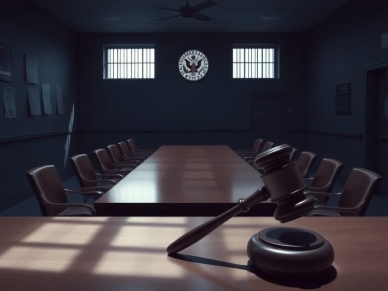 Flick International A somber parole board hearing room with a polished wooden table and empty chairs