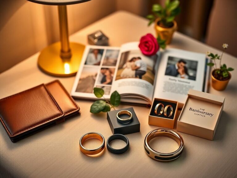 Flick International A cozy tabletop display of unique anniversary gifts, featuring a personalized leather wallet, custom photo book, 24k gold-dipped rose, silicone wedding bands, and a Bond Touch bracelet.