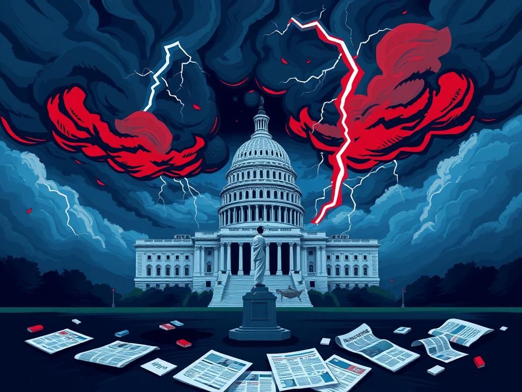 Flick International Illustration of the U.S. Capitol building surrounded by storm clouds, symbolizing political tension and division