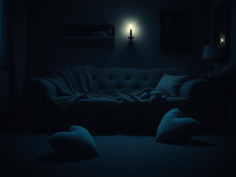 Flick International Dimly lit living room scene with empty couch and flickering candle