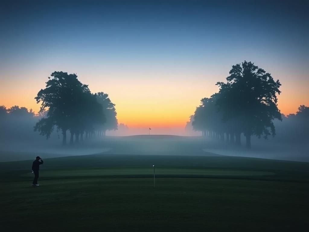 Flick International Serene golf course at dawn with misty fairway symbolizing Brooks Koepka's uncertain future