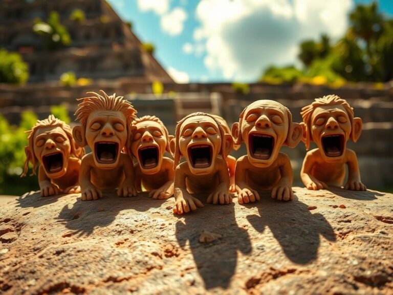 Flick International Close-up of ancient clay puppets with eerie expressions discovered at a pyramid site in El Salvador