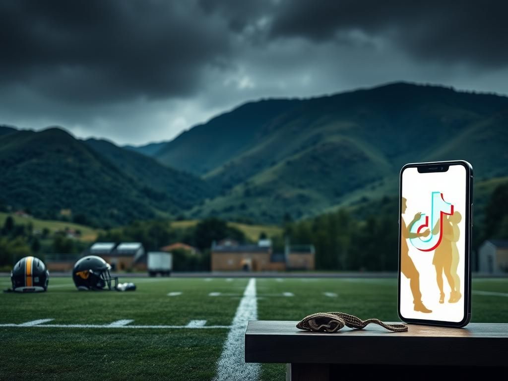 Flick International A football field in West Virginia with helmets and jerseys on a bench, symbolizing discipline while a glowing smartphone displays the TikTok logo.