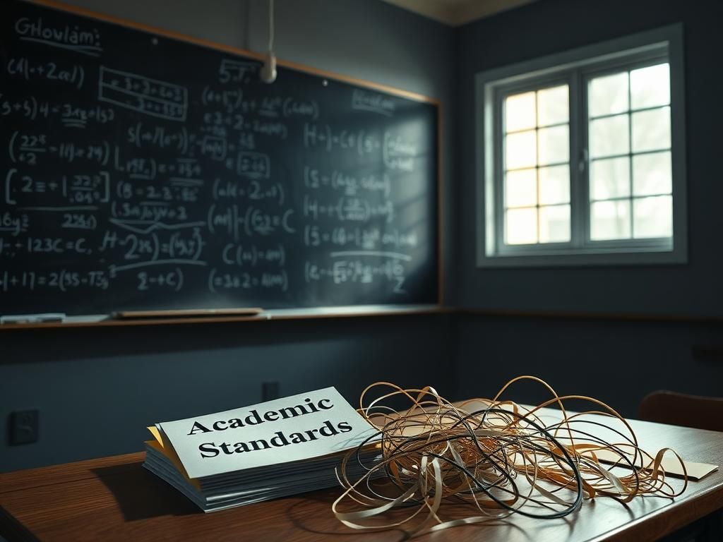 Flick International Dimly lit classroom with chalkboard filled with mathematical equations and handouts representing academic standards