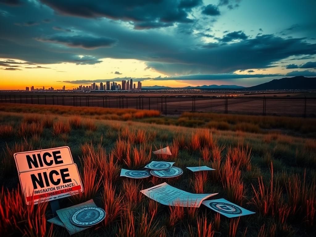 Flick International A dramatic border landscape at dusk with immigration enforcement symbols