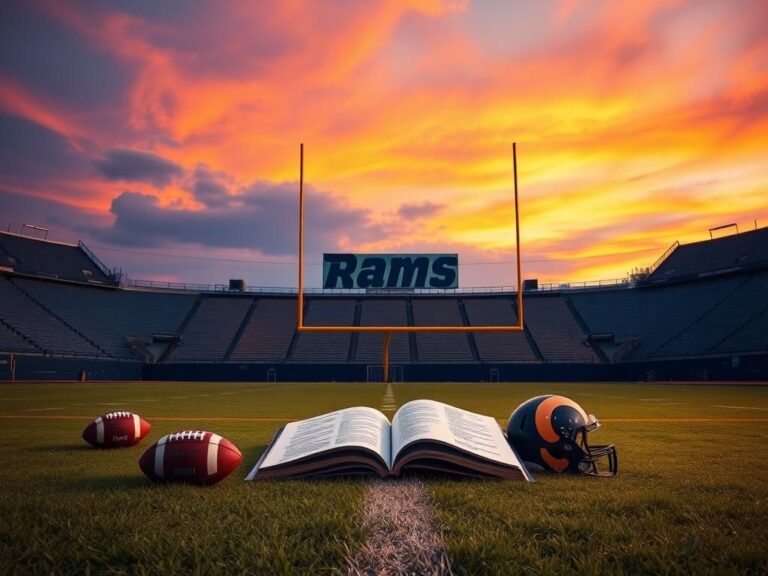 Flick International A desolate football field at dusk with the Los Angeles Rams logo and empty stands