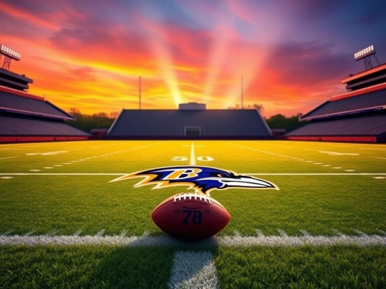 Flick International Sunset over a football field with a single football on the 50-yard line