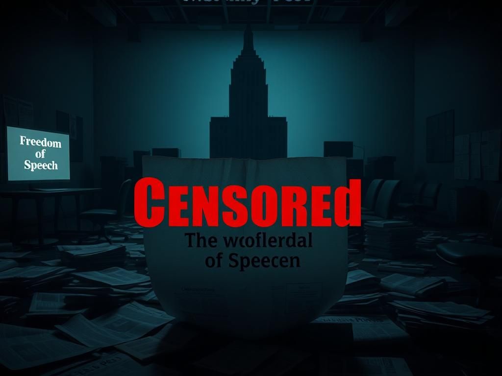 Flick International Dark, somber newsroom with scattered newspaper articles and a crumpled paper reading 'Censored'