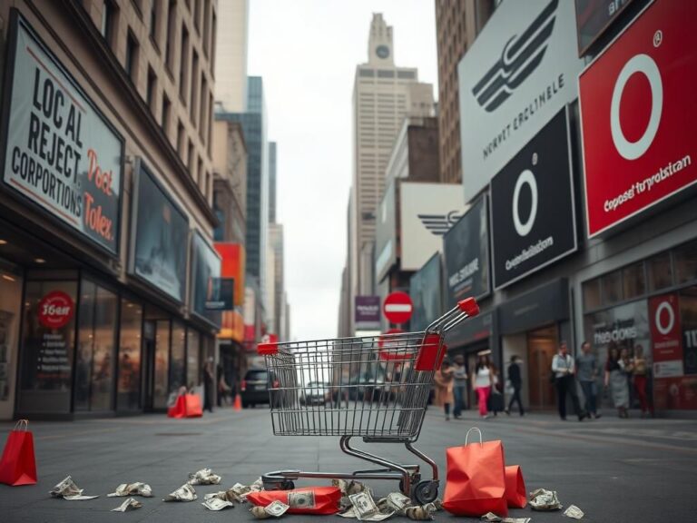 Flick International A large, empty shopping cart surrounded by discarded shopping bags symbolizes the no-spend movement on a bustling city street.