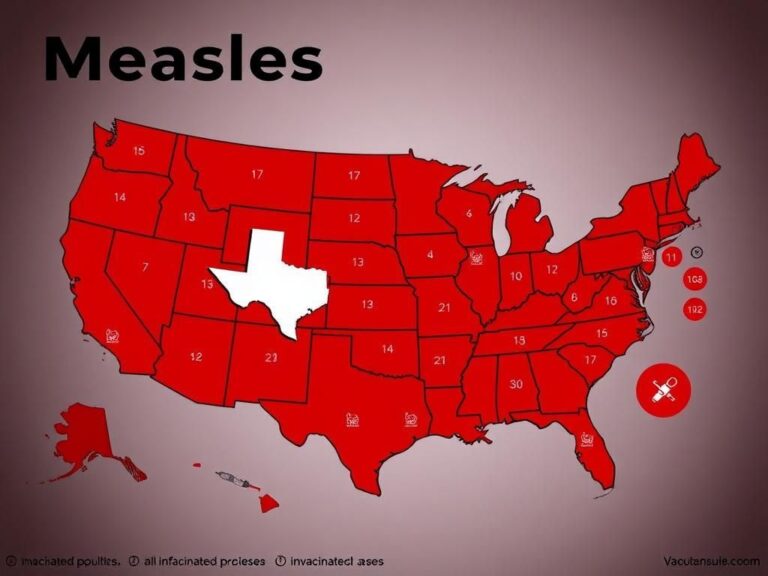 Flick International Detailed map of the United States showing states with reported measles cases, highlighting West Texas in red