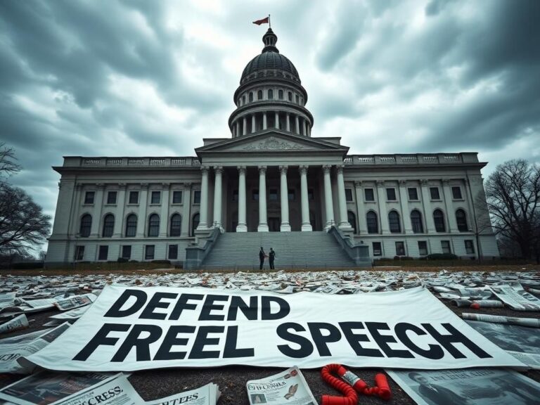 Flick International A dramatic scene at the New York State Capitol, featuring a protest sign reading 'Defend Free Speech' on the ground.