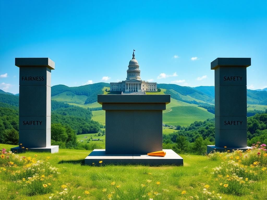 Flick International Serene landscape of West Virginia's rolling hills with a stone podium and state capitol silhouette