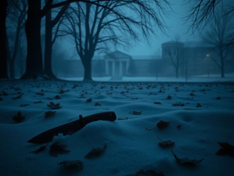 Flick International A dimly lit crime scene with a knife sheath buried in snow, symbolizing the Idaho murders