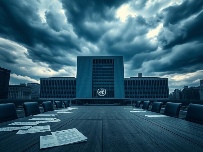 Flick International Expansive view of the United Nations Headquarters building with storm clouds