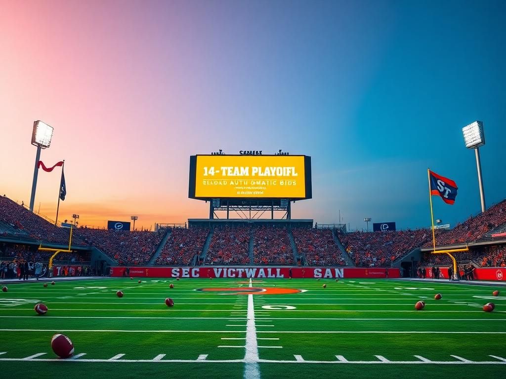 Flick International Dynamic football field scene at dusk with scoreboard displaying '14-Team Playoff' and SEC and Big Ten banners