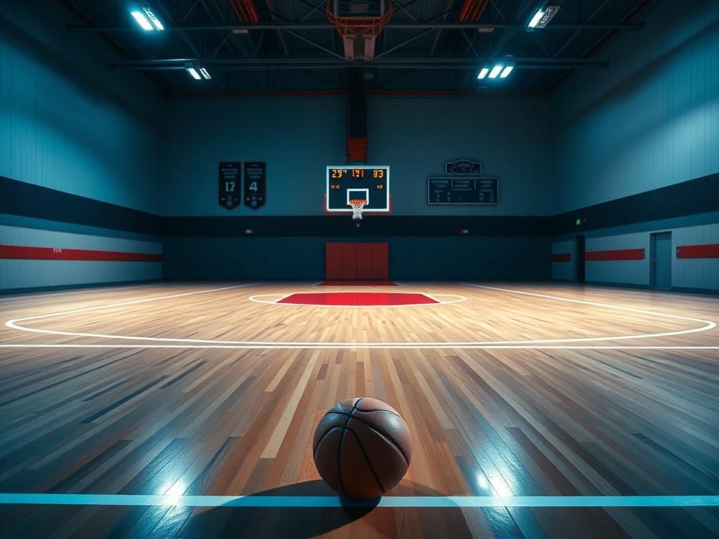 Flick International An empty basketball court illuminated by overhead lights with a single basketball on the polished wooden floor