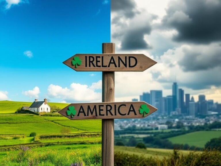 Flick International Contrasting landscapes representing refuge and tension: lush Irish countryside versus a foreboding American skyline