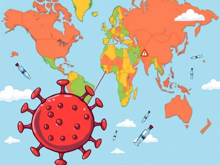 Flick International Close-up illustration showcasing a colorful world map with areas experiencing measles outbreaks marked by warning signs, alongside a cartoonish red measles virus and vaccination icons.