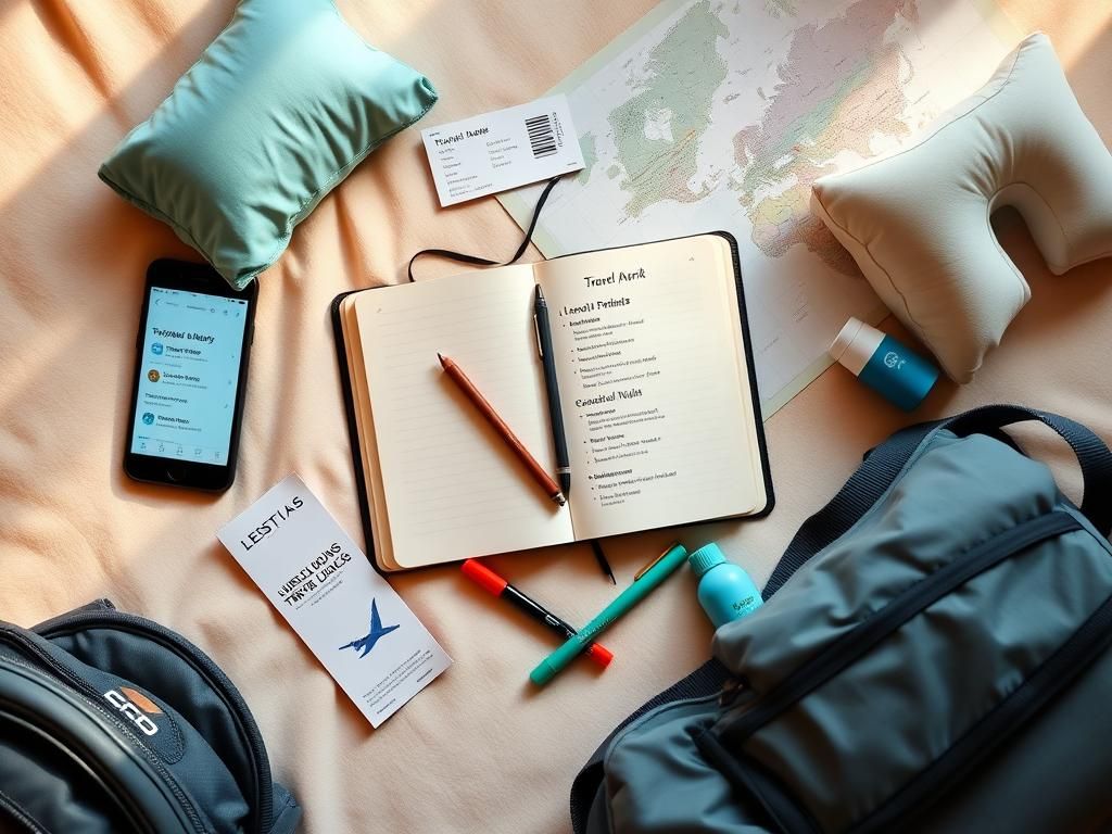 Flick International A flat lay of travel essentials featuring a smartphone, travel journal, and world map