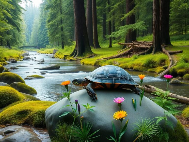 Flick International Artistic representation of a terrapin surrounded by wildflowers in a serene Oregon landscape