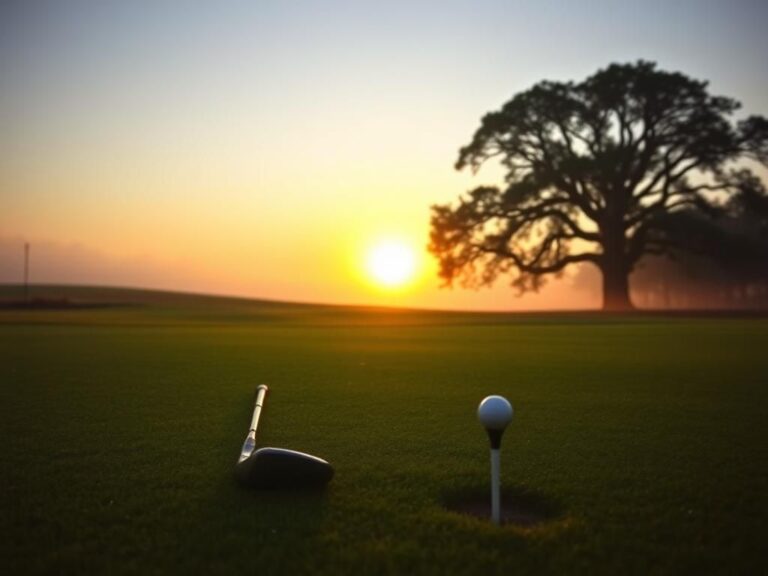 Flick International A serene golf course at dawn with a lone golf club on a tee