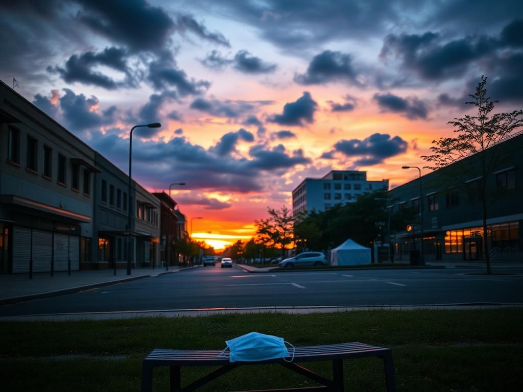 Flick International Empty park bench beside a discarded face mask in a deserted cityscape during dusk