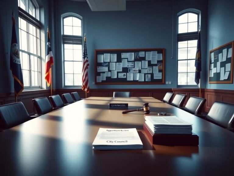 Flick International Empty city council meeting room in Lynnwood, Washington, featuring a conference table and flags