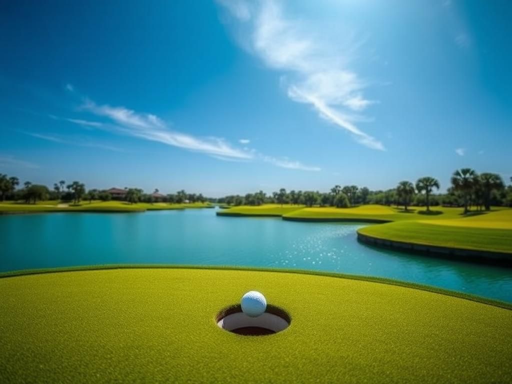 Flick International A serene view of the iconic 17th hole at TPC Sawgrass with a golf ball near the hole