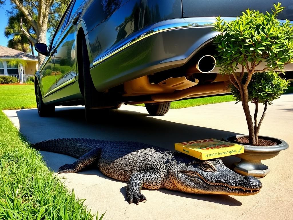 Flick International Eight-foot alligator hiding under a parked car in a suburban driveway