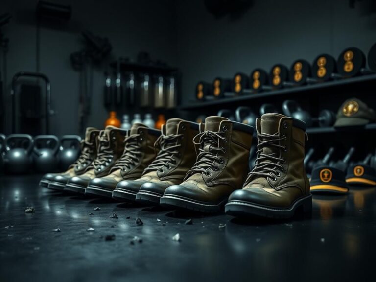 Flick International Polished military boots lined up on a dark surface with fitness equipment in the background