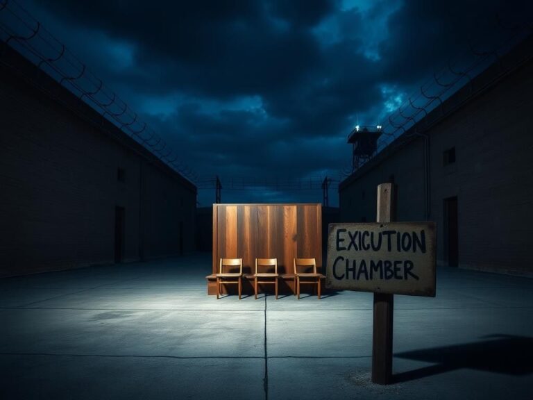 Flick International Empty execution chamber in a high-security prison yard at dusk