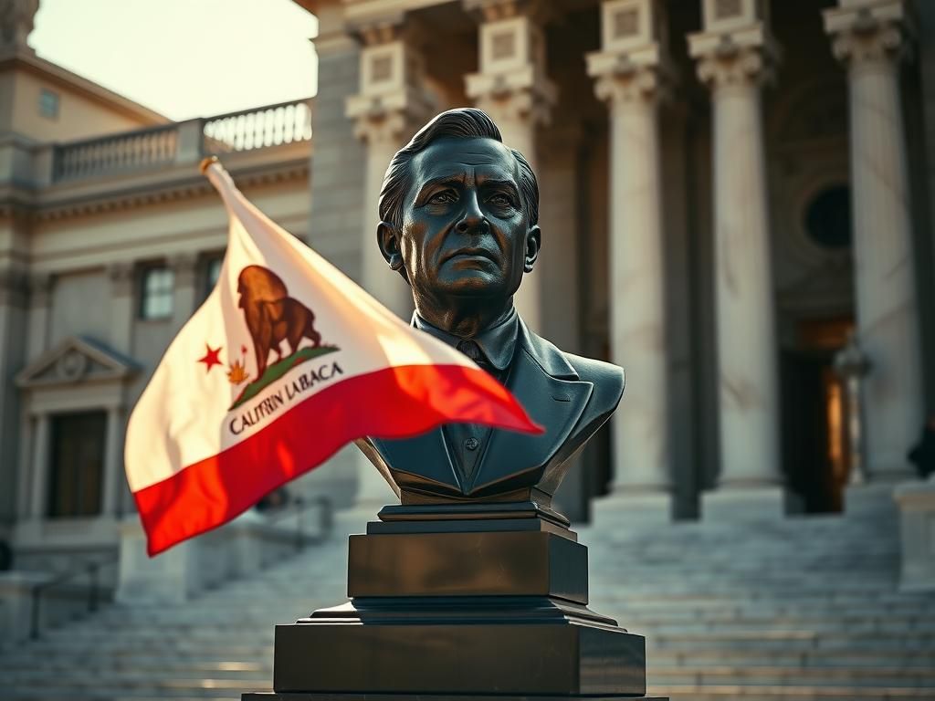 Flick International Close-up of a bronze bust of Gavin Newsom at San Francisco City Hall