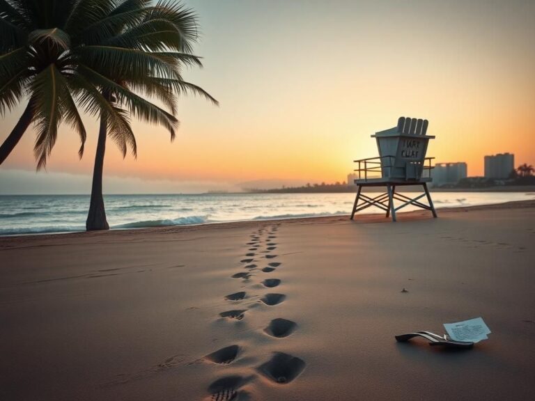 Flick International Tranquil beach at dawn with footprints leading to the water