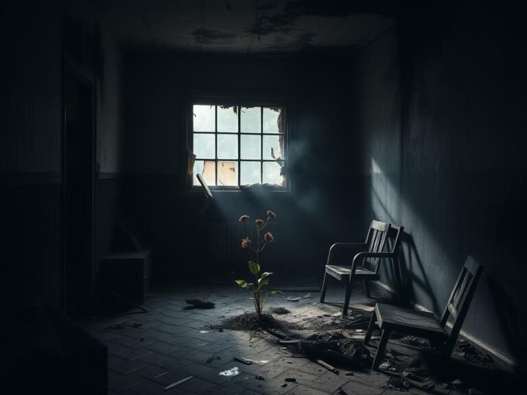 Flick International Abandoned room with charred walls and neglected furniture symbolizing captivity