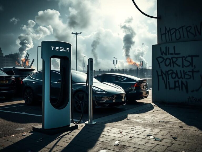 Flick International A Tesla charging station surrounded by modern electric vehicles amid protest chaos