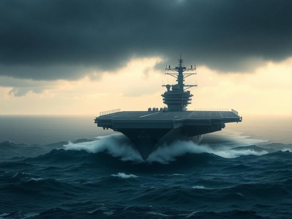 Flick International U.S. Navy aircraft carrier navigating stormy seas