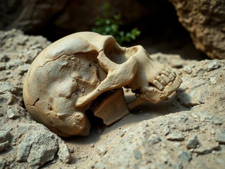 Flick International Close-up of a partially fossilized human skull fragment revealing details of the left cheekbone and upper jaw