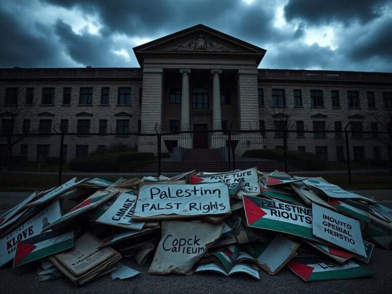 Flick International Pile of discarded protest signs in front of a university building under stormy skies