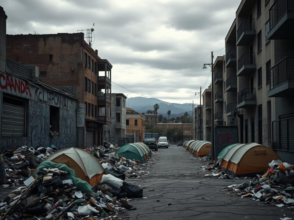 Flick International A dilapidated street in California showcasing neglect and homelessness